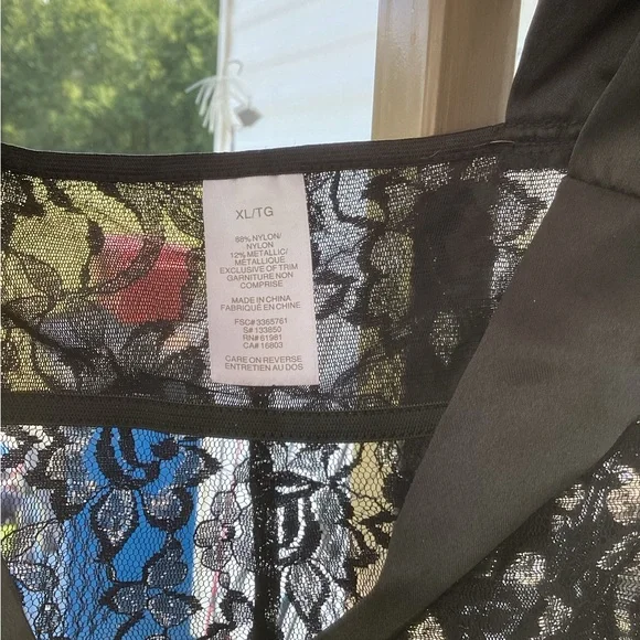 🏁90s Vintage Silver + Black Floral Lace Formal V-Neck SheerSlip Dress Stretch XL - Picture 5 of 6